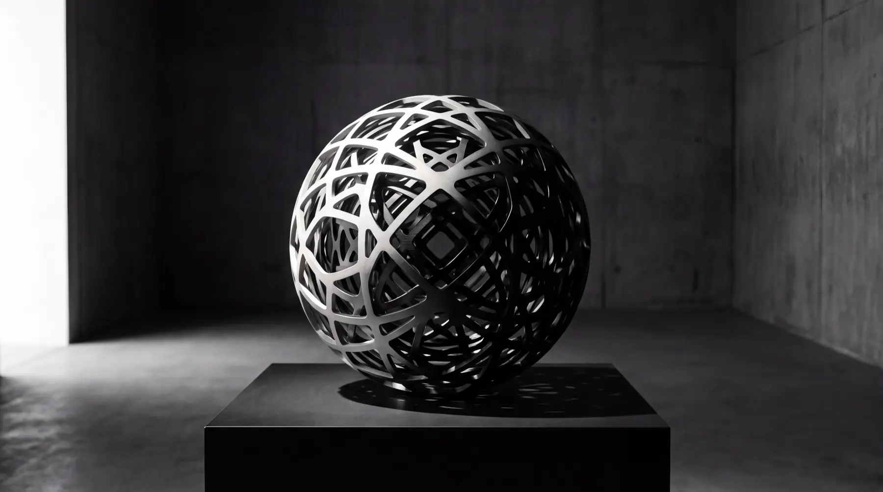 A dense machined lattice sphere on a plinth in a dark room, half of it bright under a raking light