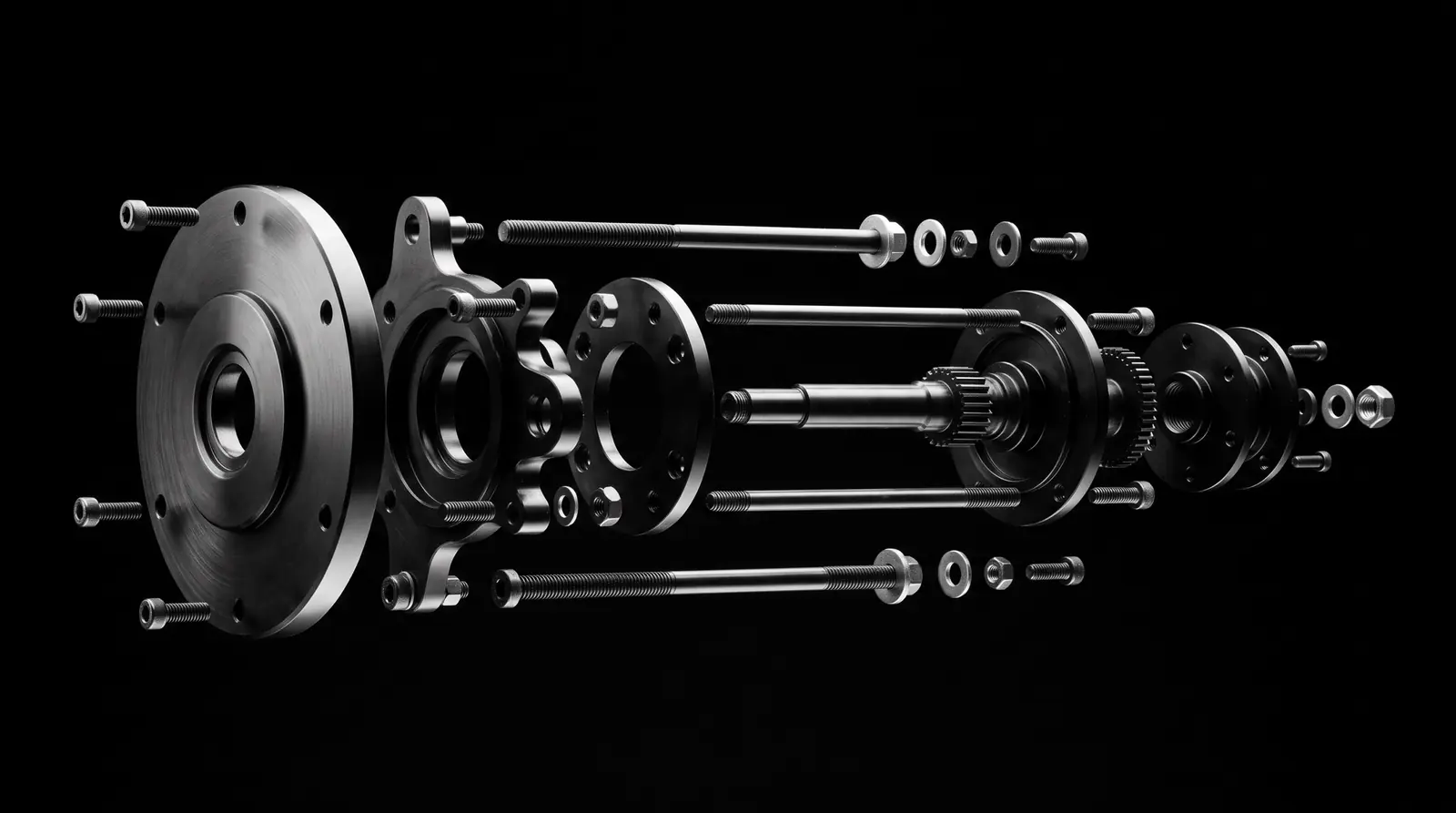 An exploded assembly of machined black metal plates, shafts and fasteners suspended in exact alignment